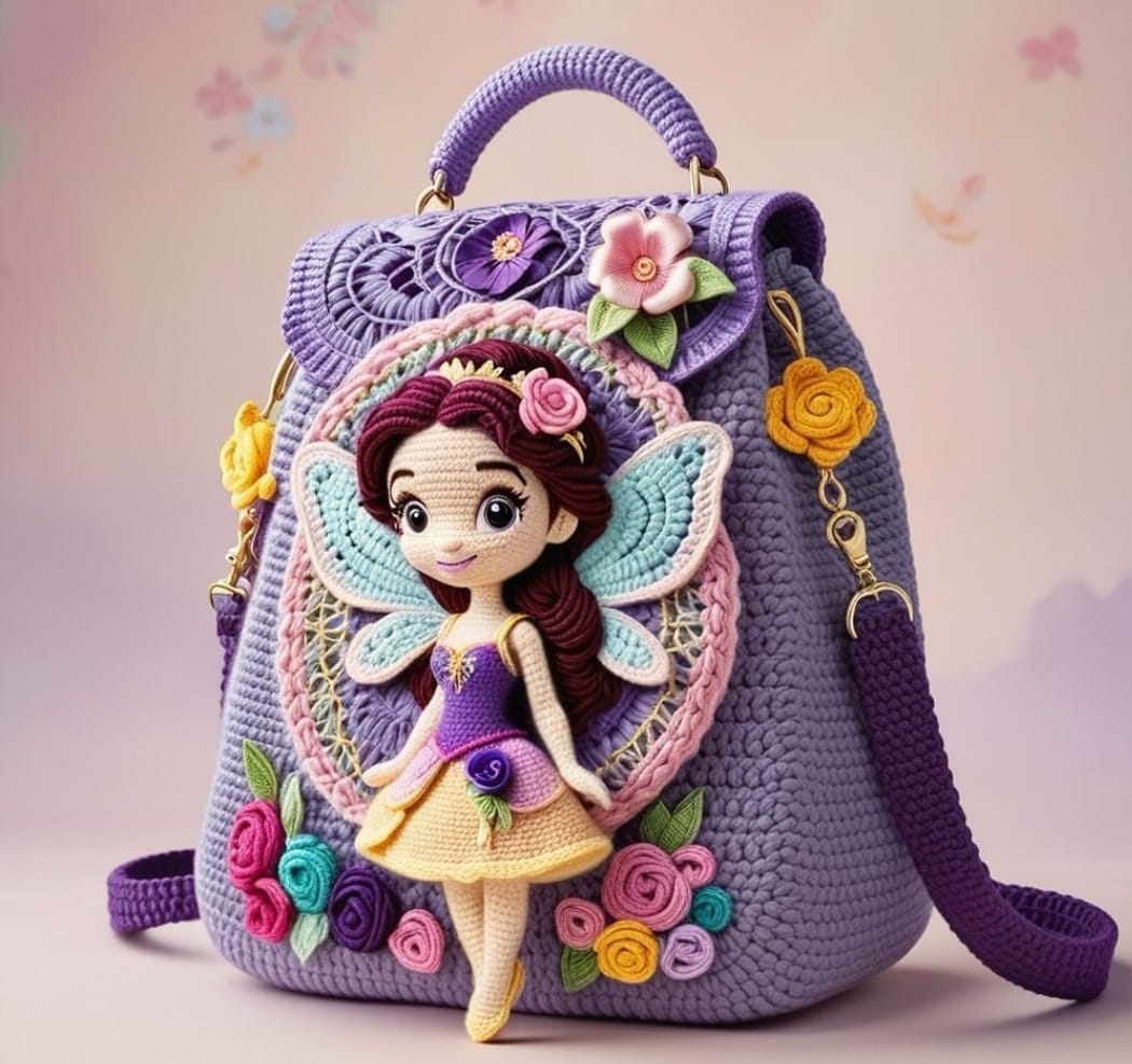 Prenses Figürlü Örgü Sırt Çantası