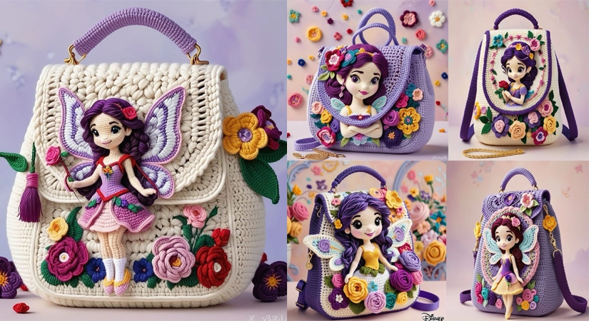 Prenses Figürlü Çiçek Desenli Örgü Sırt Çantası